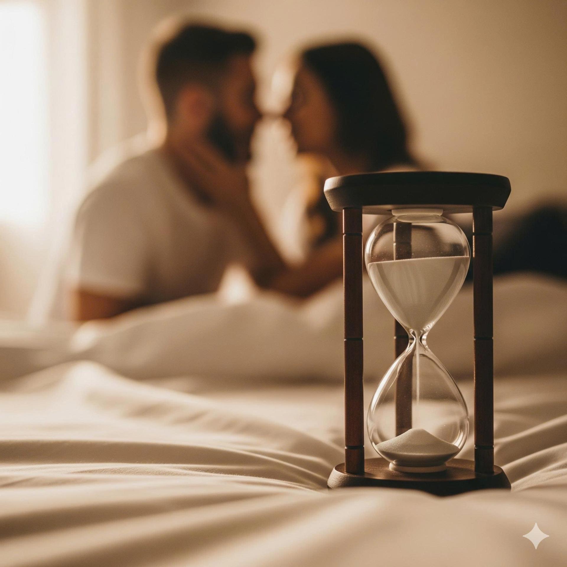 Một chiếc đồng hồ cát bên cạnh cặp đôi đang âu yếm, biểu tượng cho việc sử dụng bao cao su kéo dài thời gian để cuộc yêu thêm bền bỉ.